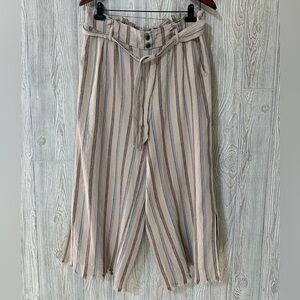 Rewash Linen Paper Bag Waist Wide Leg Striped Raw Edge Split Hem Crop Pants L